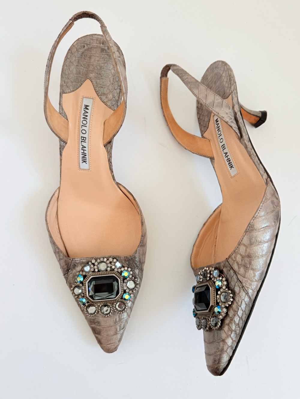 Manolo Blahnik Metallic Python Jeweled buckle Carolyn slingback Kitten Heels 38